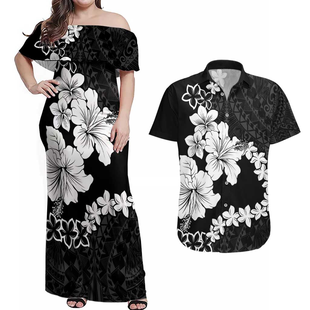 American Samoa Lotu Tamaiti Couples Matching Off Shoulder Maxi Dress and Hawaiian Shirt White Sunday Plumeria Black Vibe LT9 Black - Polynesian Pride