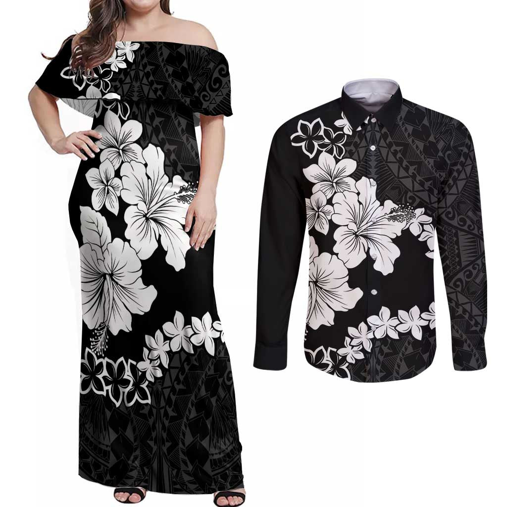 American Samoa Lotu Tamaiti Couples Matching Off Shoulder Maxi Dress and Long Sleeve Button Shirt White Sunday Plumeria Black Vibe LT9 Black - Polynesian Pride
