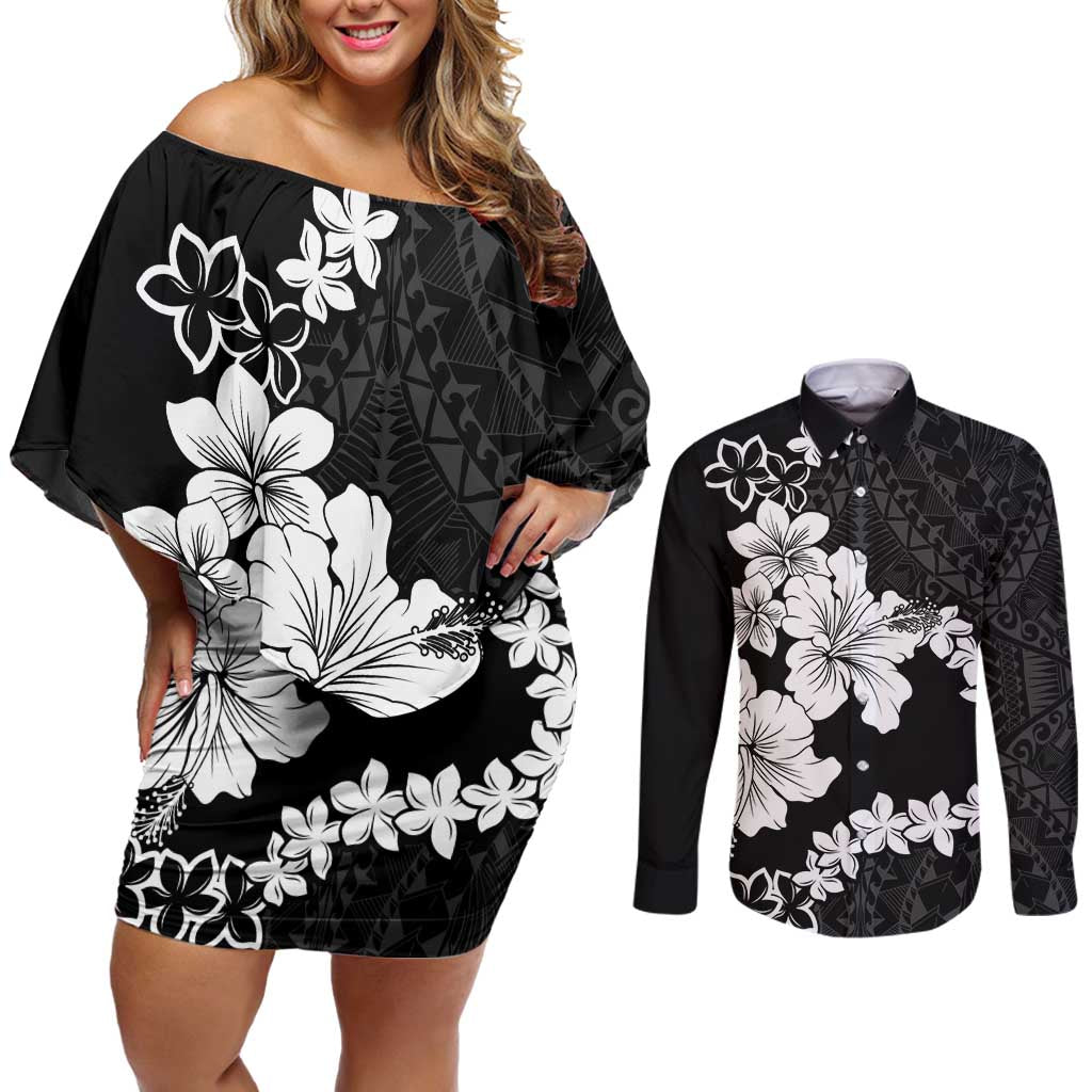 American Samoa Lotu Tamaiti Couples Matching Off Shoulder Short Dress and Long Sleeve Button Shirt White Sunday Plumeria Black Vibe LT9 Black - Polynesian Pride