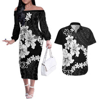 American Samoa Lotu Tamaiti Couples Matching Off The Shoulder Long Sleeve Dress and Hawaiian Shirt White Sunday Plumeria Black Vibe LT9 Black - Polynesian Pride