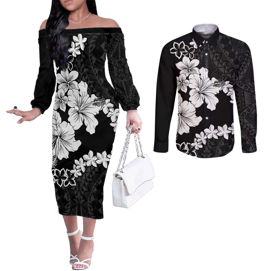 American Samoa Lotu Tamaiti Couples Matching Off The Shoulder Long Sleeve Dress and Long Sleeve Button Shirt White Sunday Plumeria Black Vibe LT9 Black - Polynesian Pride