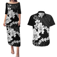 American Samoa Lotu Tamaiti Couples Matching Puletasi and Hawaiian Shirt White Sunday Plumeria Black Vibe LT9 Black - Polynesian Pride