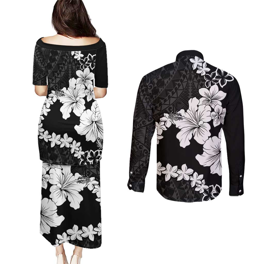 American Samoa Lotu Tamaiti Couples Matching Puletasi and Long Sleeve Button Shirt White Sunday Plumeria Black Vibe LT9 - Polynesian Pride