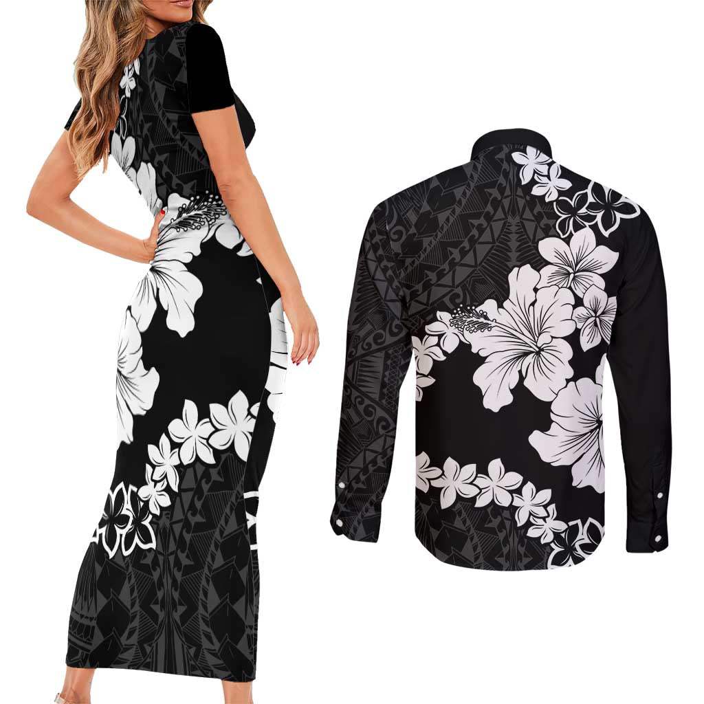 American Samoa Lotu Tamaiti Couples Matching Short Sleeve Bodycon Dress and Long Sleeve Button Shirt White Sunday Plumeria Black Vibe LT9 - Polynesian Pride