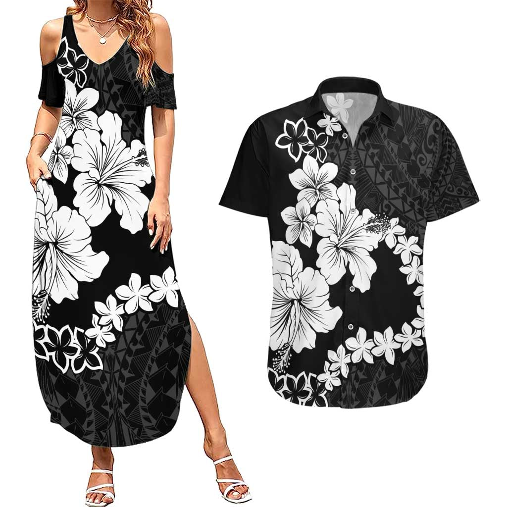 American Samoa Lotu Tamaiti Couples Matching Summer Maxi Dress and Hawaiian Shirt White Sunday Plumeria Black Vibe LT9 Black - Polynesian Pride