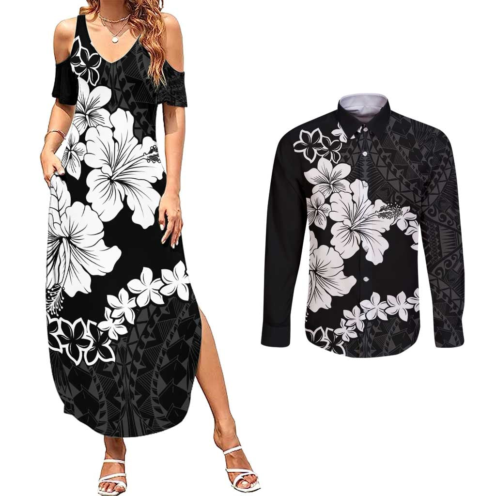 American Samoa Lotu Tamaiti Couples Matching Summer Maxi Dress and Long Sleeve Button Shirt White Sunday Plumeria Black Vibe LT9 Black - Polynesian Pride