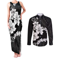 American Samoa Lotu Tamaiti Couples Matching Tank Maxi Dress and Long Sleeve Button Shirt White Sunday Plumeria Black Vibe LT9 Black - Polynesian Pride