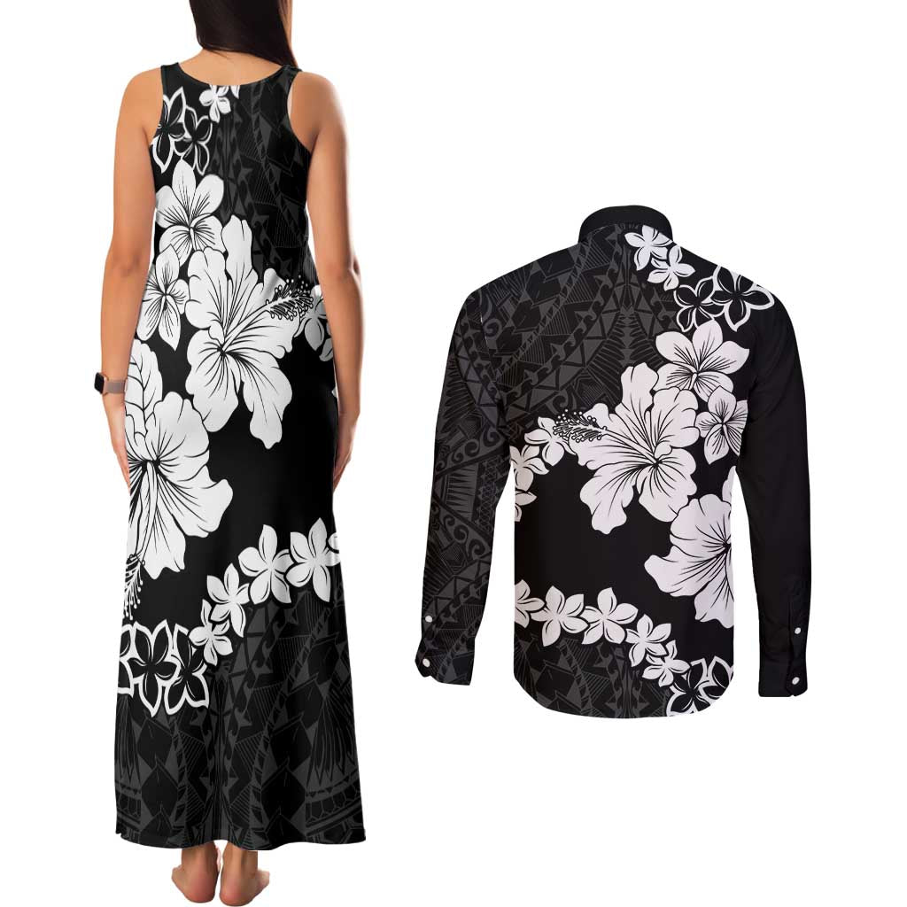 American Samoa Lotu Tamaiti Couples Matching Tank Maxi Dress and Long Sleeve Button Shirt White Sunday Plumeria Black Vibe LT9 - Polynesian Pride