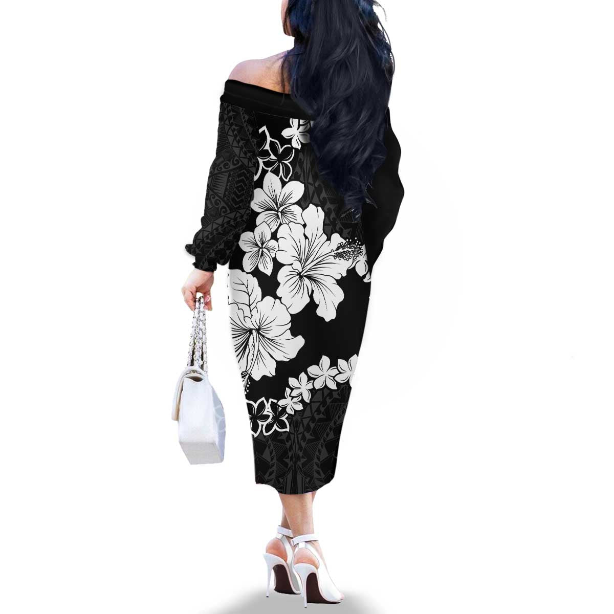 American Samoa Lotu Tamaiti Family Matching Off The Shoulder Long Sleeve Dress and Hawaiian Shirt White Sunday Plumeria Black Vibe LT9 - Polynesian Pride