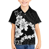 American Samoa Lotu Tamaiti Family Matching Off The Shoulder Long Sleeve Dress and Hawaiian Shirt White Sunday Plumeria Black Vibe LT9 Son's Shirt Black - Polynesian Pride