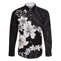 American Samoa Lotu Tamaiti Family Matching Off Shoulder Maxi Dress and Hawaiian Shirt White Sunday Plumeria Black Vibe LT9 Dad's Shirt - Long Sleeve Black - Polynesian Pride