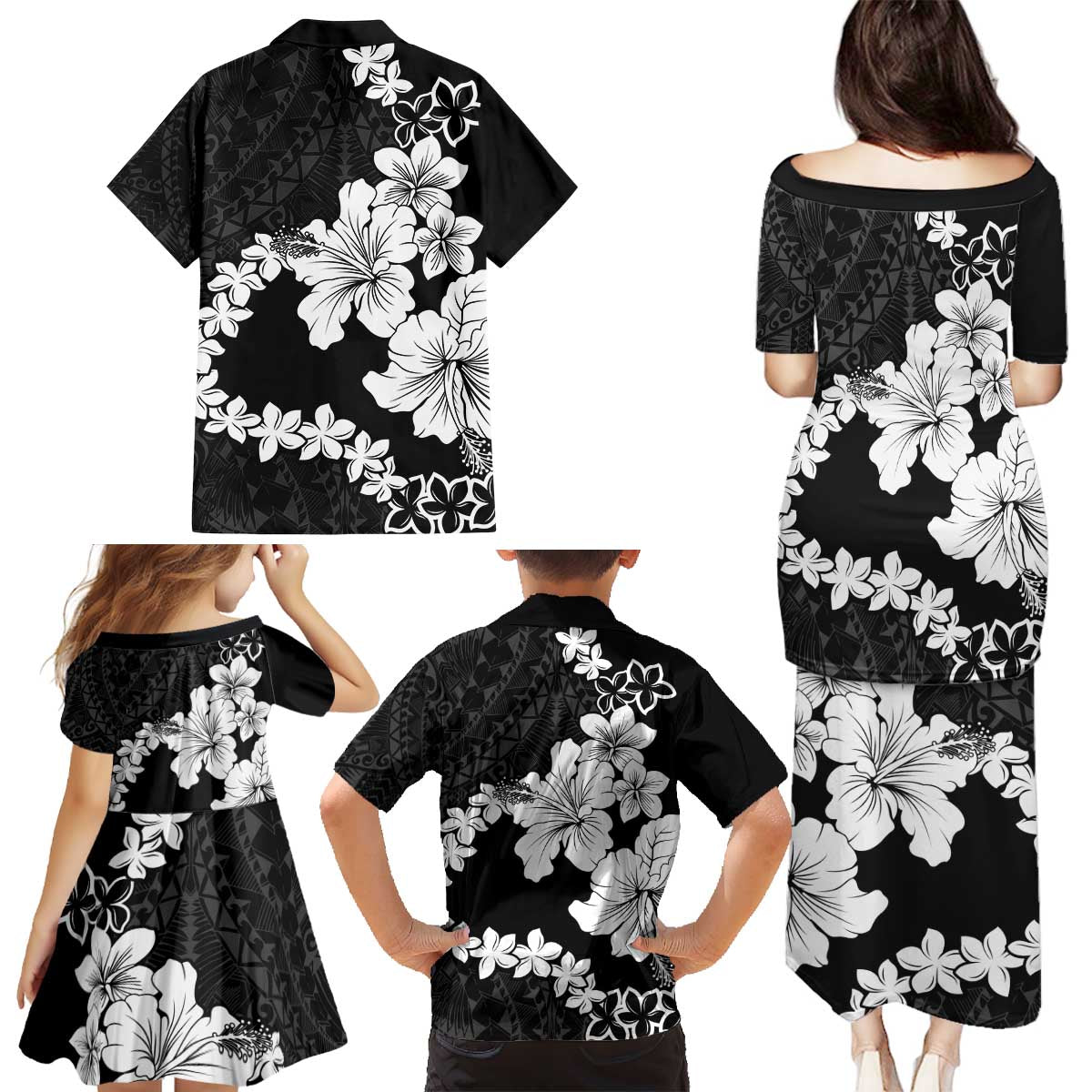 American Samoa Lotu Tamaiti Family Matching Puletasi and Hawaiian Shirt White Sunday Plumeria Black Vibe LT9 - Polynesian Pride
