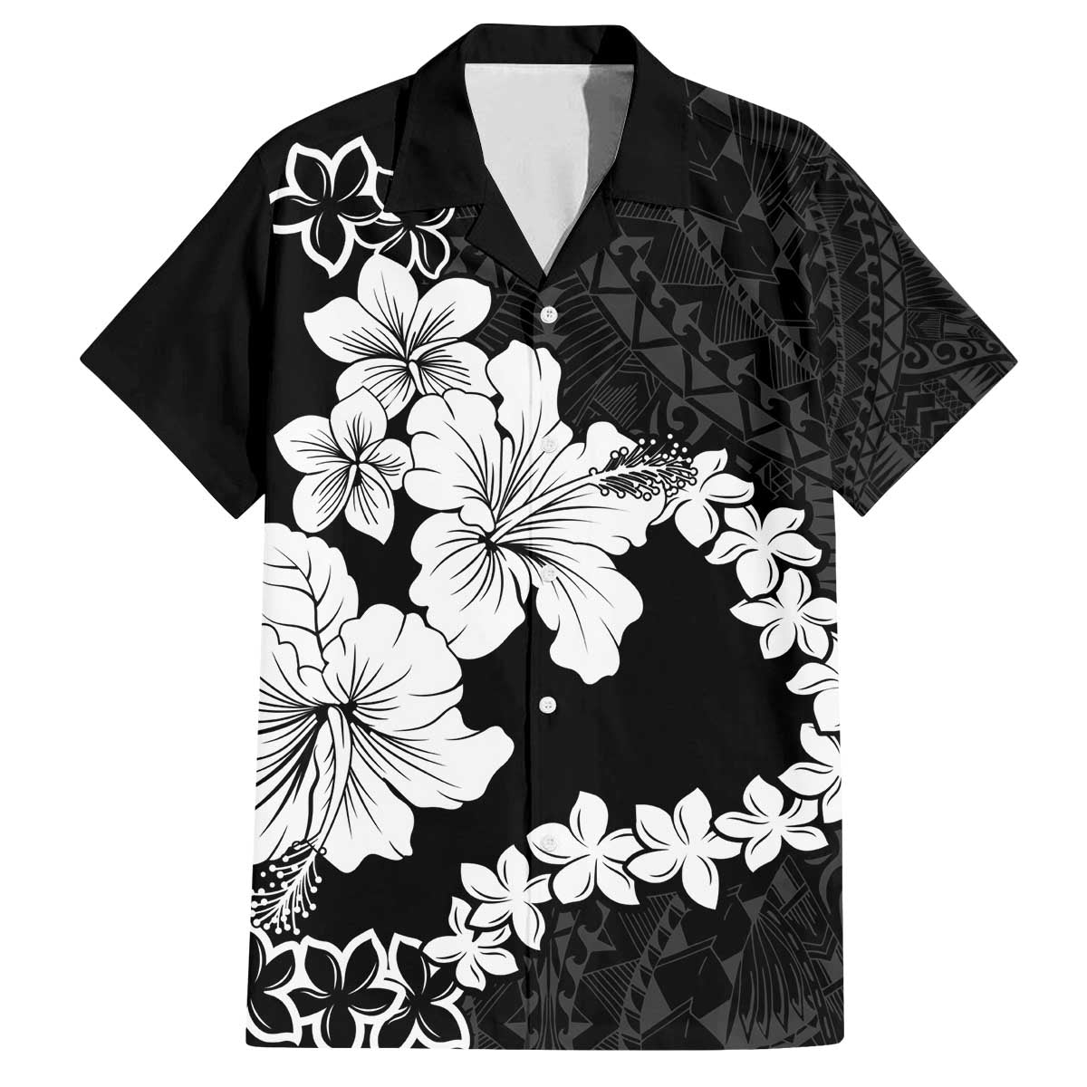 American Samoa Lotu Tamaiti Family Matching Puletasi and Hawaiian Shirt White Sunday Plumeria Black Vibe LT9 Dad's Shirt - Short Sleeve Black - Polynesian Pride