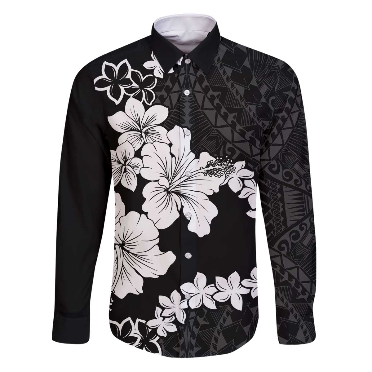 American Samoa Lotu Tamaiti Family Matching Puletasi and Hawaiian Shirt White Sunday Plumeria Black Vibe LT9 Dad's Shirt - Long Sleeve Black - Polynesian Pride
