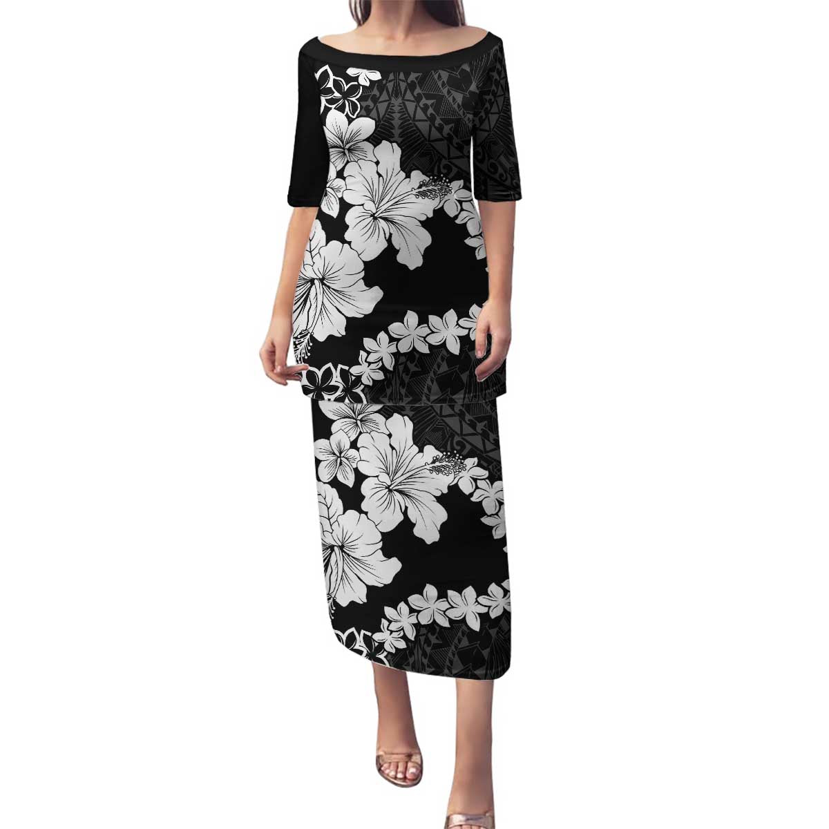American Samoa Lotu Tamaiti Family Matching Puletasi and Hawaiian Shirt White Sunday Plumeria Black Vibe LT9 Mom's Dress Black - Polynesian Pride