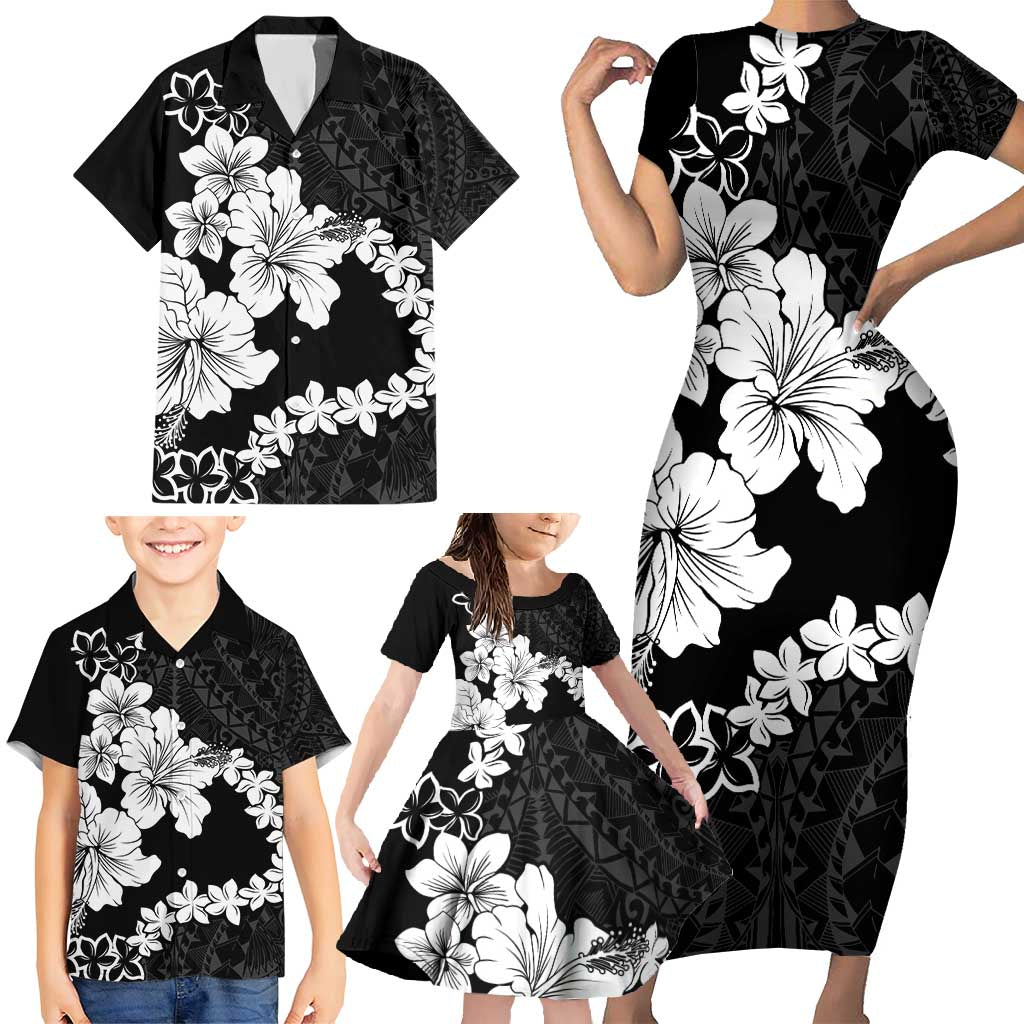 American Samoa Lotu Tamaiti Family Matching Short Sleeve Bodycon Dress and Hawaiian Shirt White Sunday Plumeria Black Vibe LT9 - Polynesian Pride