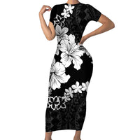 American Samoa Lotu Tamaiti Family Matching Short Sleeve Bodycon Dress and Hawaiian Shirt White Sunday Plumeria Black Vibe LT9 Mom's Dress Black - Polynesian Pride