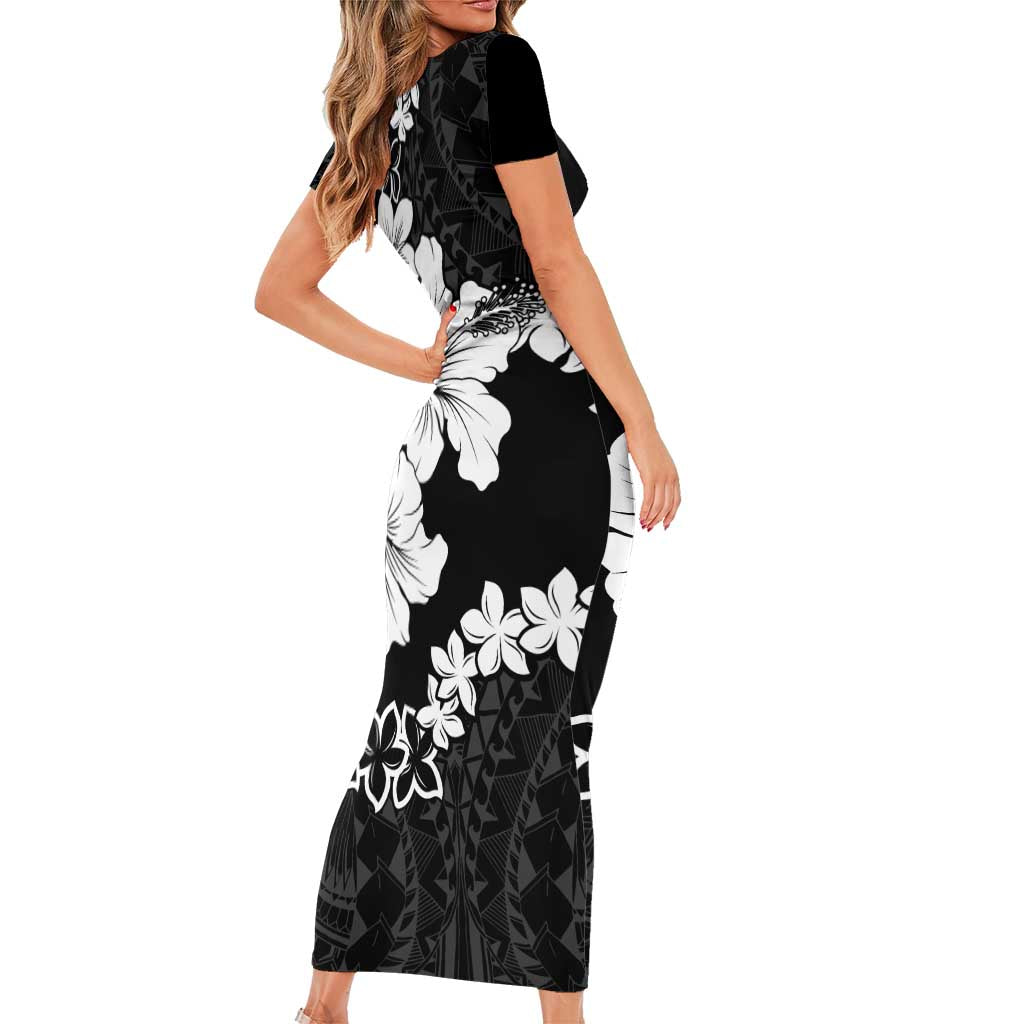 American Samoa Lotu Tamaiti Family Matching Short Sleeve Bodycon Dress and Hawaiian Shirt White Sunday Plumeria Black Vibe LT9 - Polynesian Pride