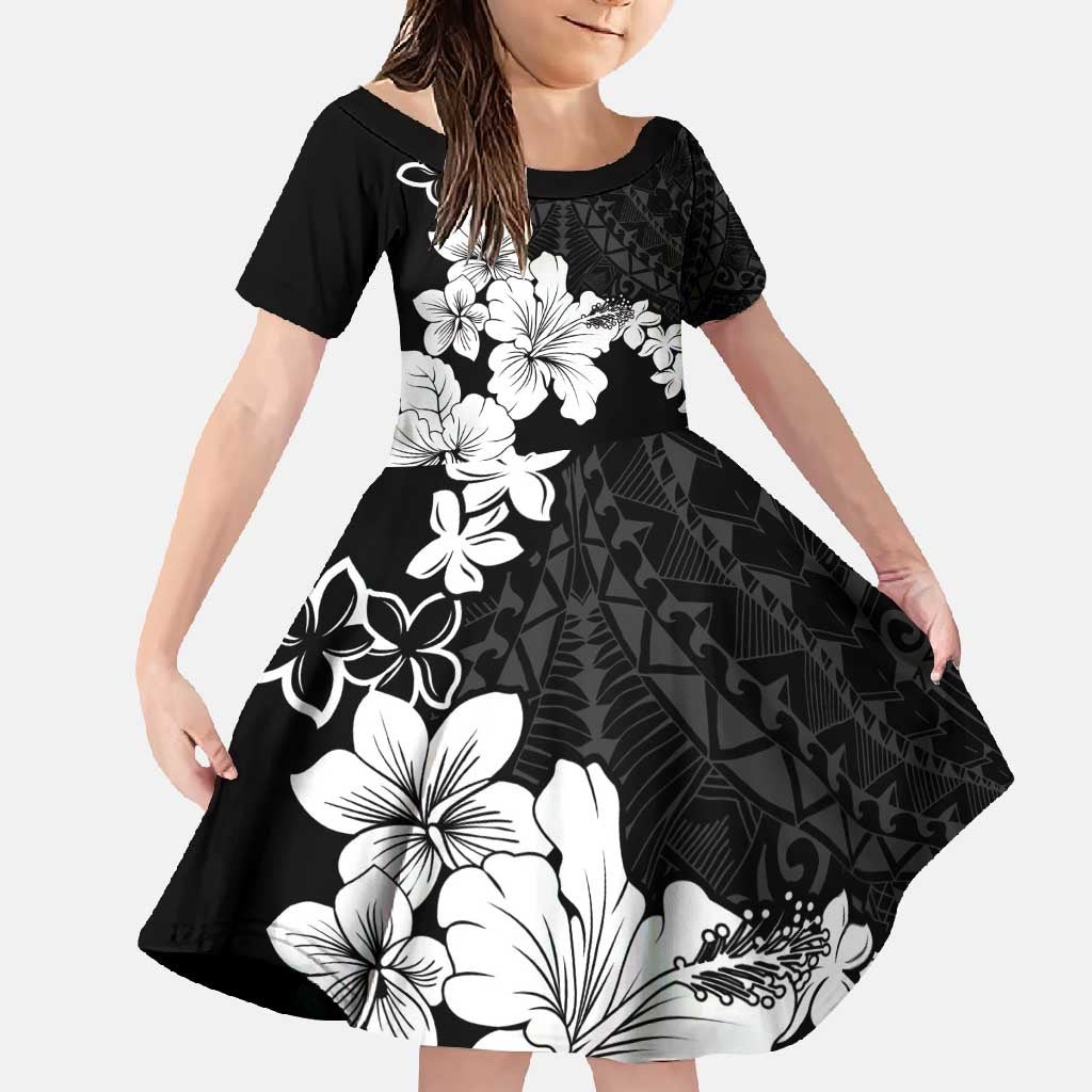 American Samoa Lotu Tamaiti Family Matching Summer Maxi Dress and Hawaiian Shirt White Sunday Plumeria Black Vibe LT9 Daughter's Dress Black - Polynesian Pride