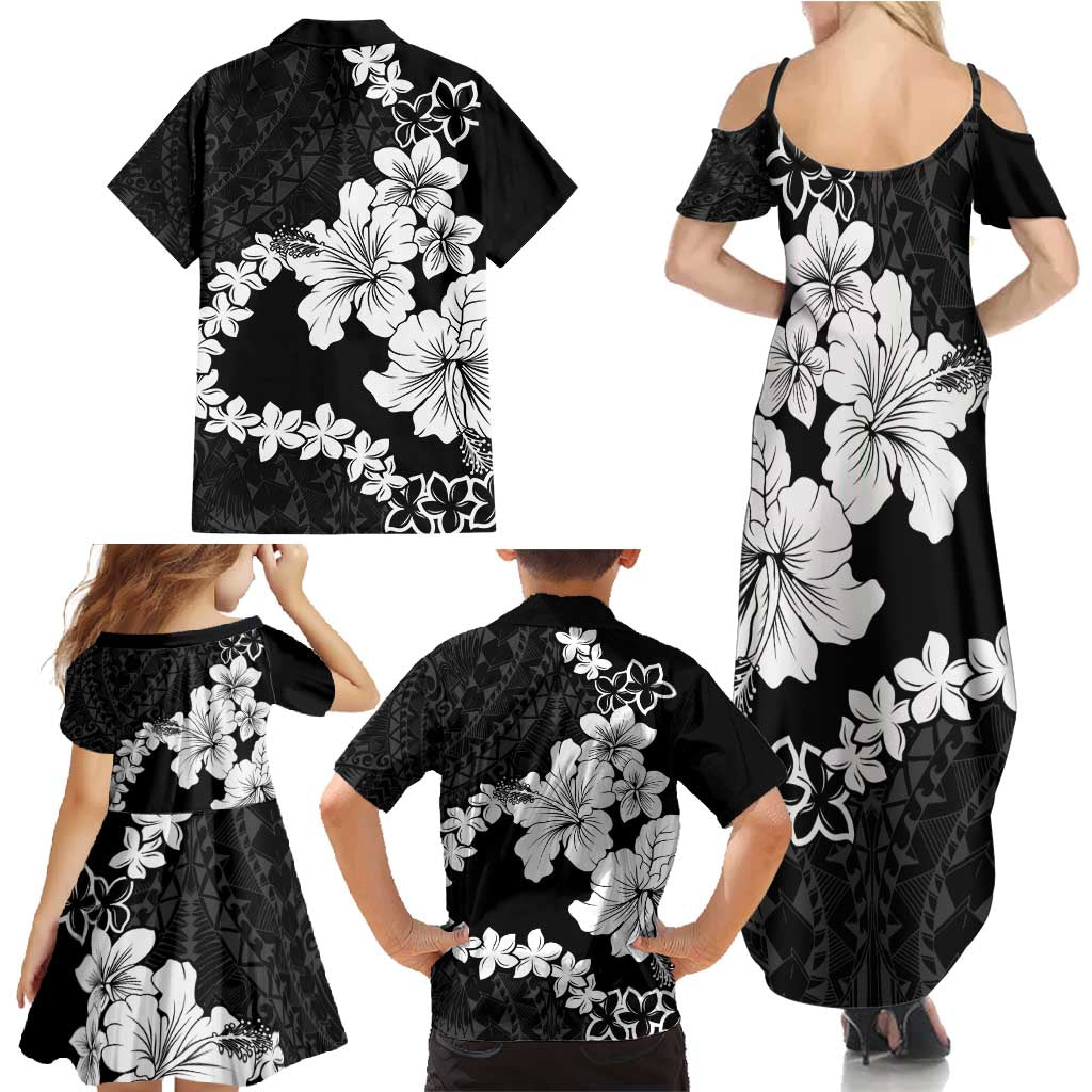 American Samoa Lotu Tamaiti Family Matching Summer Maxi Dress and Hawaiian Shirt White Sunday Plumeria Black Vibe LT9 - Polynesian Pride
