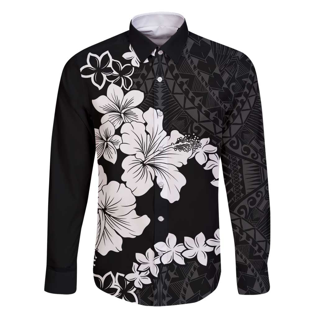 American Samoa Lotu Tamaiti Family Matching Summer Maxi Dress and Hawaiian Shirt White Sunday Plumeria Black Vibe LT9 Dad's Shirt - Long Sleeve Black - Polynesian Pride