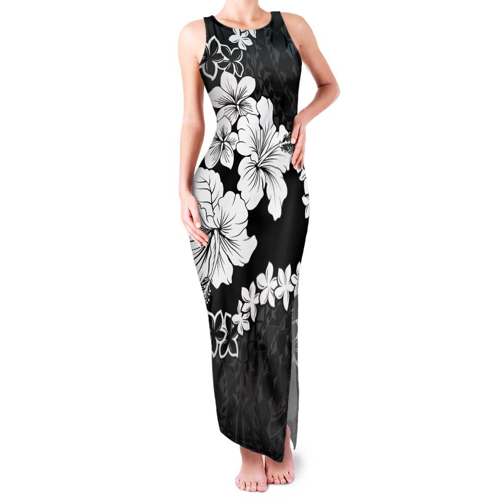 American Samoa Lotu Tamaiti Family Matching Tank Maxi Dress and Hawaiian Shirt White Sunday Plumeria Black Vibe LT9 Mom's Dress Black - Polynesian Pride