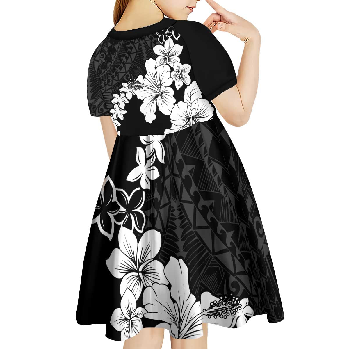 American Samoa Lotu Tamaiti Kid Short Sleeve Dress White Sunday Plumeria Black Vibe LT9 - Polynesian Pride