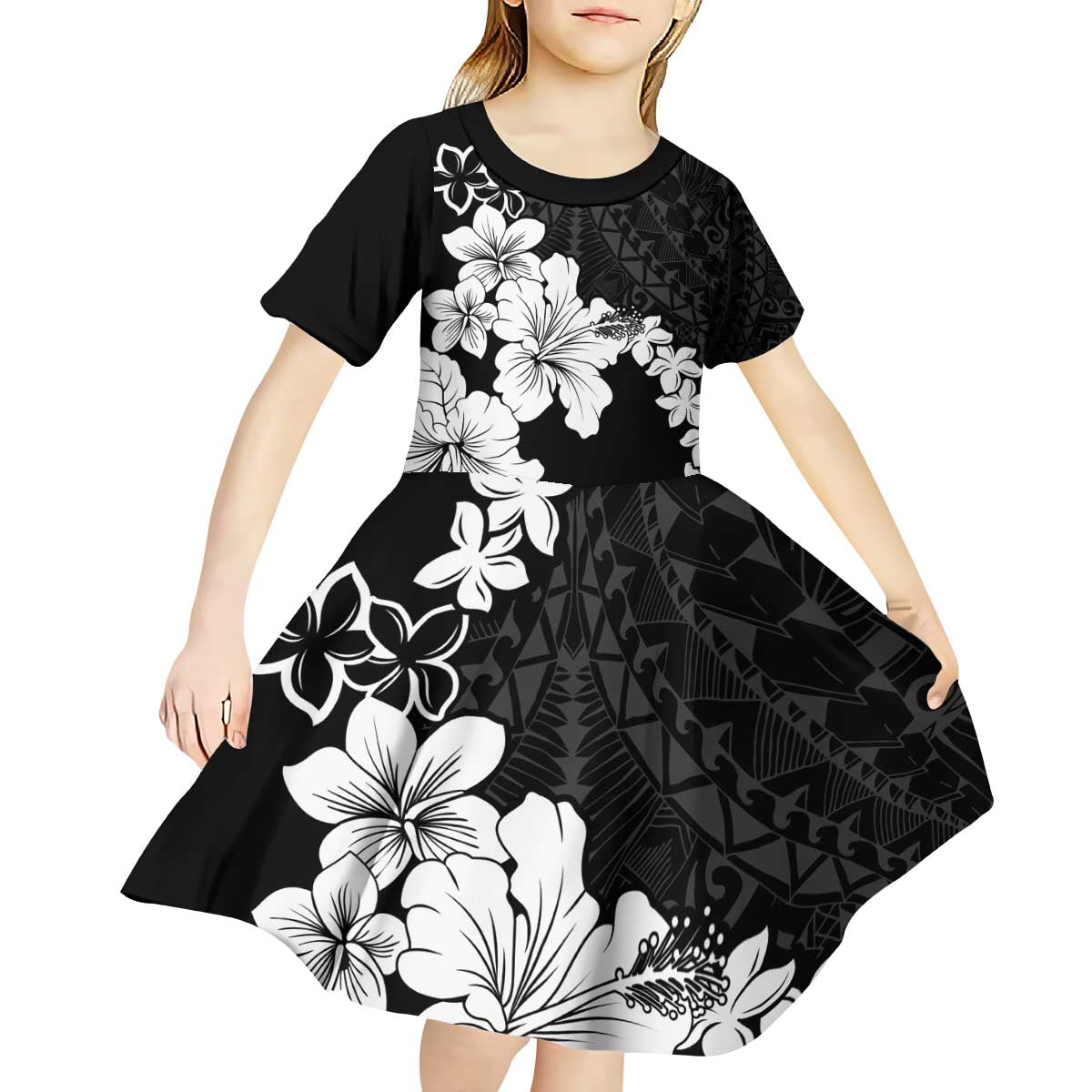 American Samoa Lotu Tamaiti Kid Short Sleeve Dress White Sunday Plumeria Black Vibe LT9 - Polynesian Pride