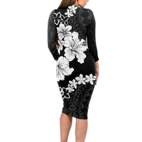 American Samoa Lotu Tamaiti Long Sleeve Bodycon Dress White Sunday Plumeria Black Vibe LT9 - Polynesian Pride