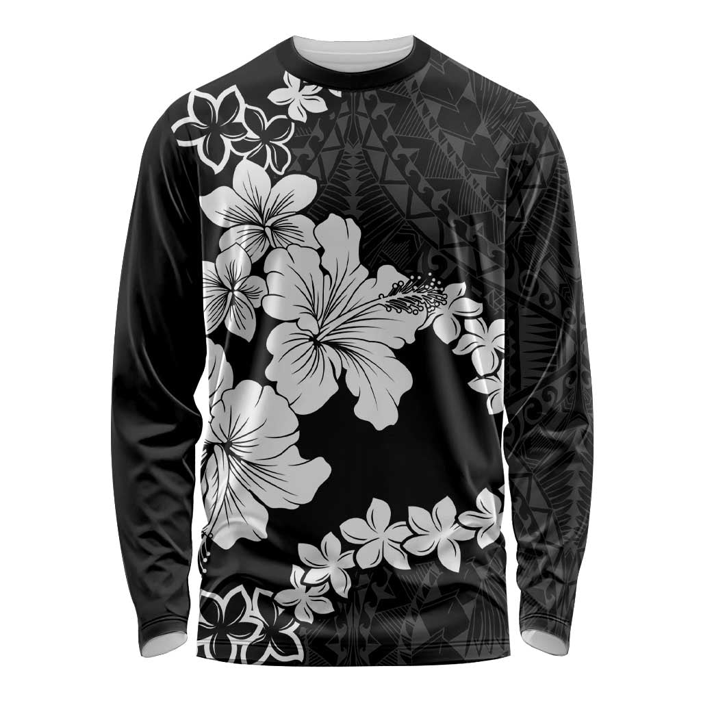 American Samoa Lotu Tamaiti Long Sleeve Shirt White Sunday Plumeria Black Vibe LT9 Unisex Black - Polynesian Pride