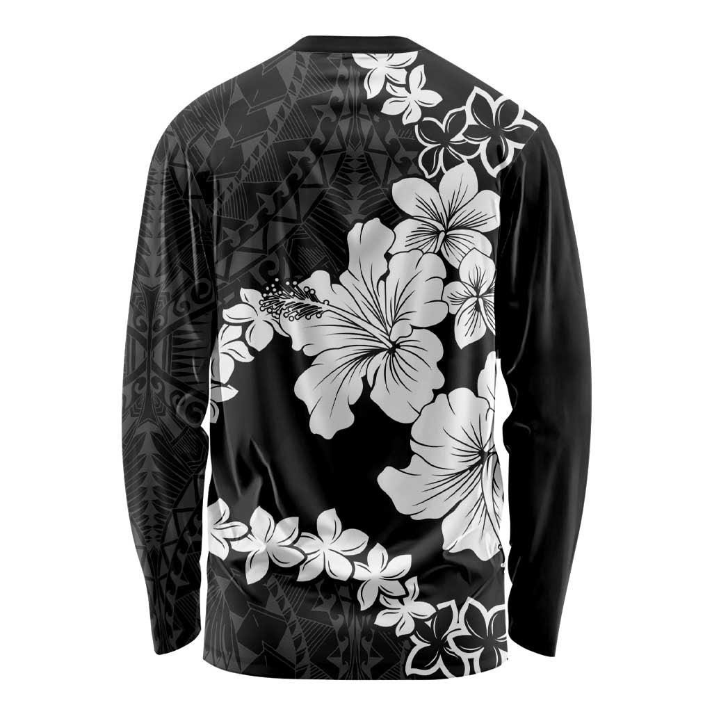 American Samoa Lotu Tamaiti Long Sleeve Shirt White Sunday Plumeria Black Vibe LT9 - Polynesian Pride