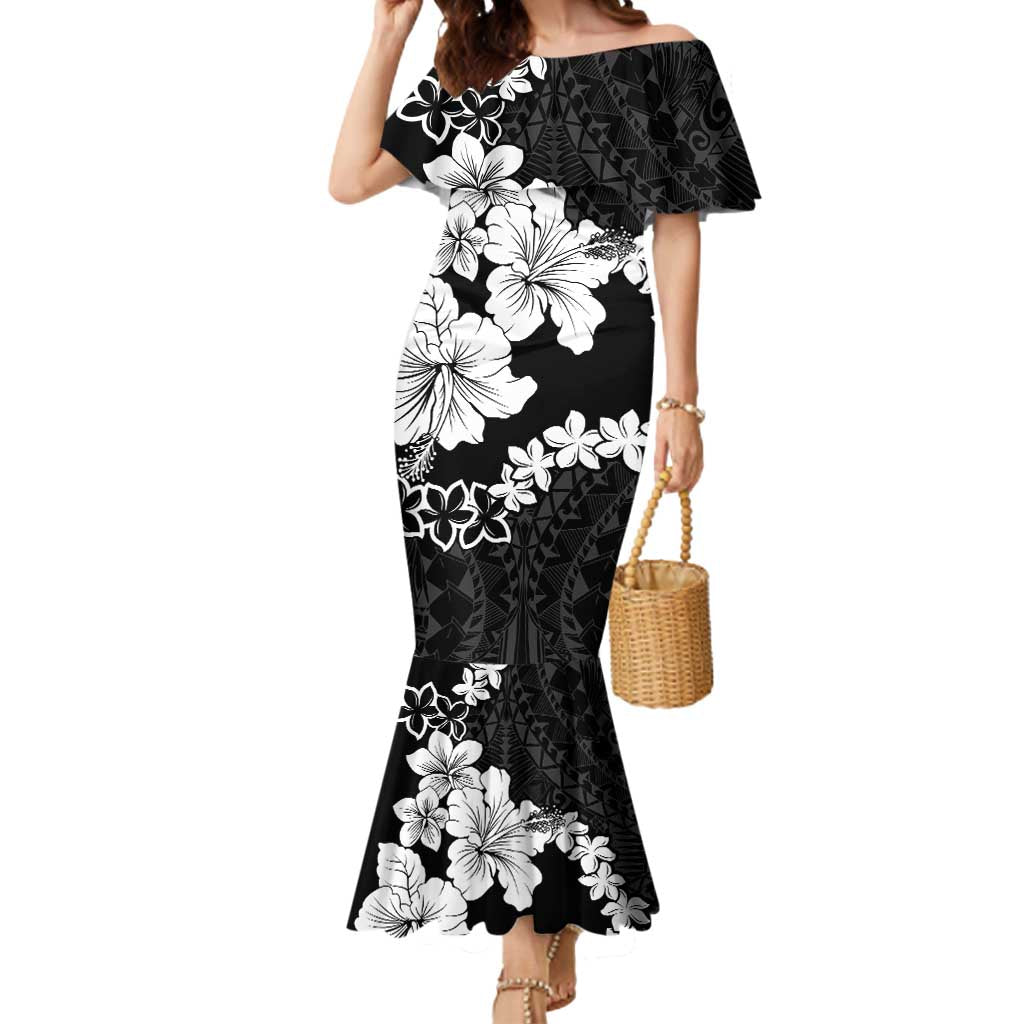 American Samoa Lotu Tamaiti Mermaid Dress White Sunday Plumeria Black Vibe LT9 Women Black - Polynesian Pride