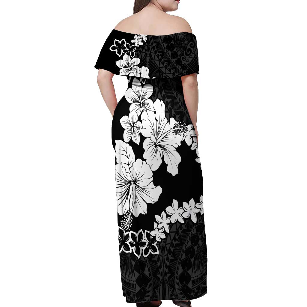 American Samoa Lotu Tamaiti Off Shoulder Maxi Dress White Sunday Plumeria Black Vibe LT9 - Polynesian Pride