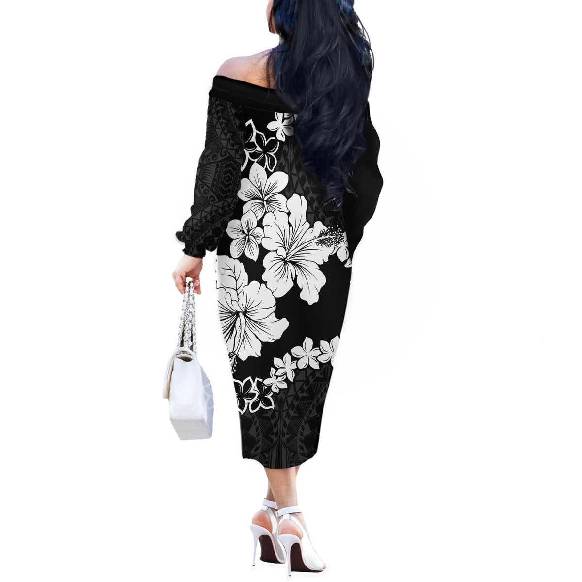 American Samoa Lotu Tamaiti Off The Shoulder Long Sleeve Dress White Sunday Plumeria Black Vibe LT9 - Polynesian Pride