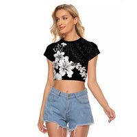 American Samoa Lotu Tamaiti Raglan Cropped T Shirt White Sunday Plumeria Black Vibe LT9 Female Black - Polynesian Pride