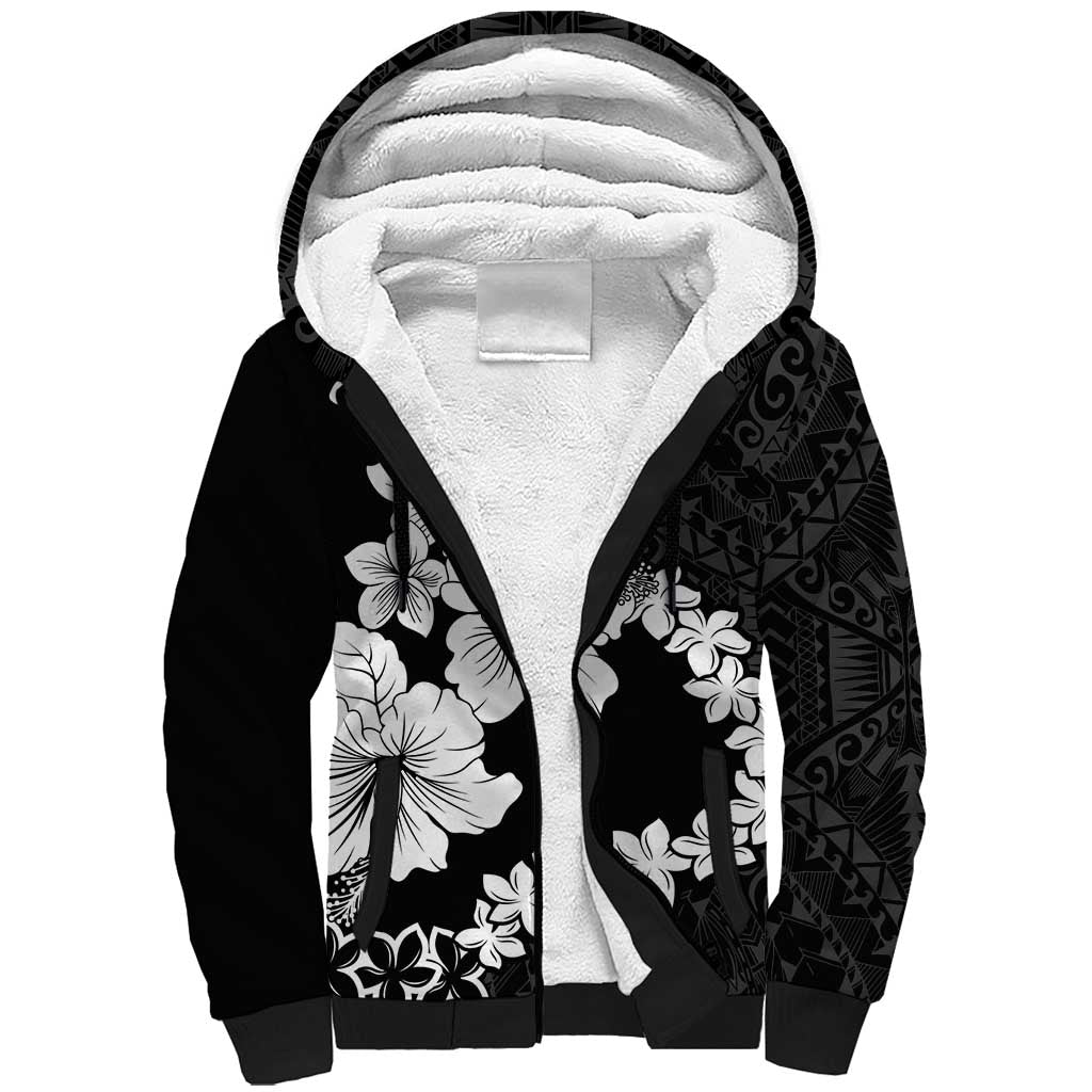 American Samoa Lotu Tamaiti Sherpa Hoodie White Sunday Plumeria Black Vibe LT9 Unisex Black - Polynesian Pride
