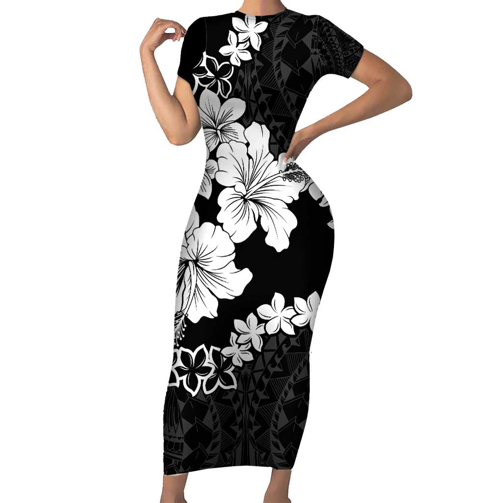 American Samoa Lotu Tamaiti Short Sleeve Bodycon Dress White Sunday Plumeria Black Vibe LT9 Long Dress Black - Polynesian Pride