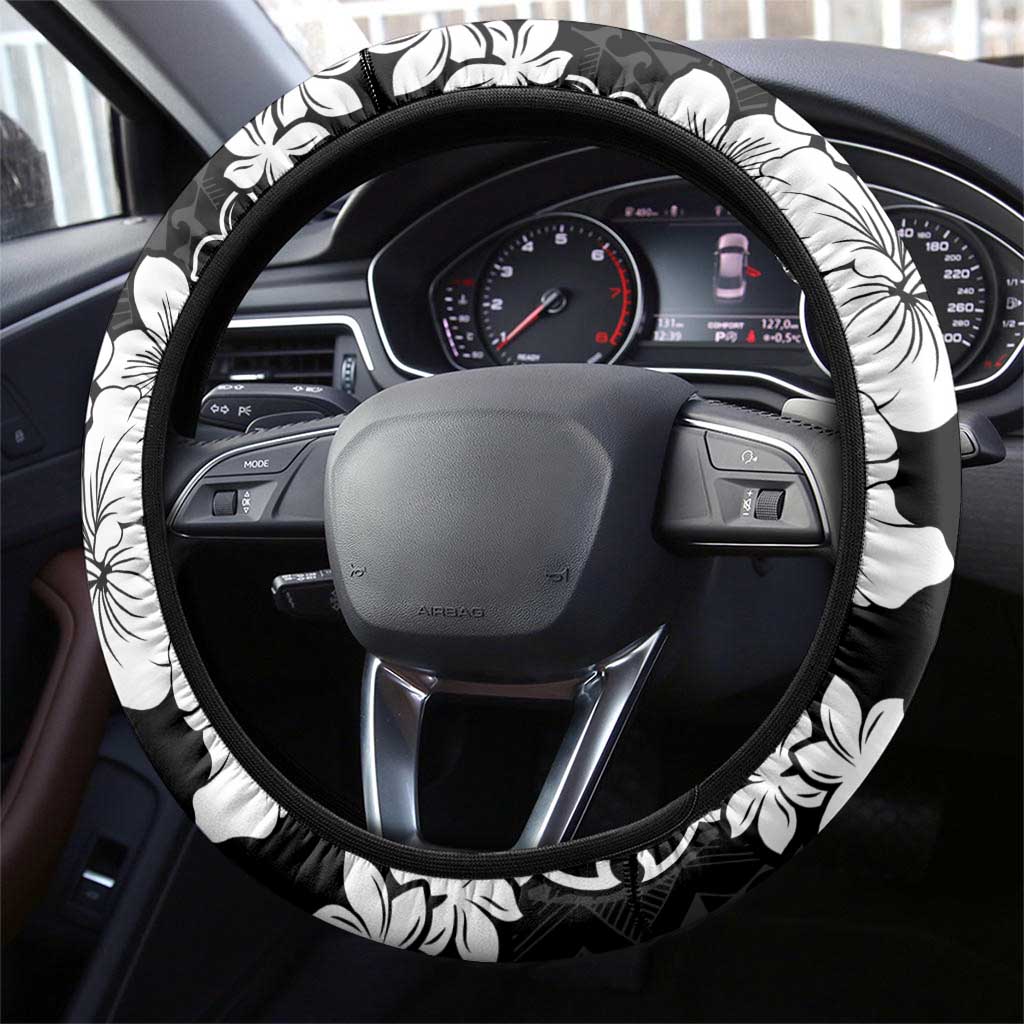 American Samoa Lotu Tamaiti Steering Wheel Cover White Sunday Plumeria Black Vibe LT9 - Polynesian Pride