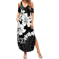 American Samoa Lotu Tamaiti Summer Maxi Dress White Sunday Plumeria Black Vibe LT9 Women Black - Polynesian Pride