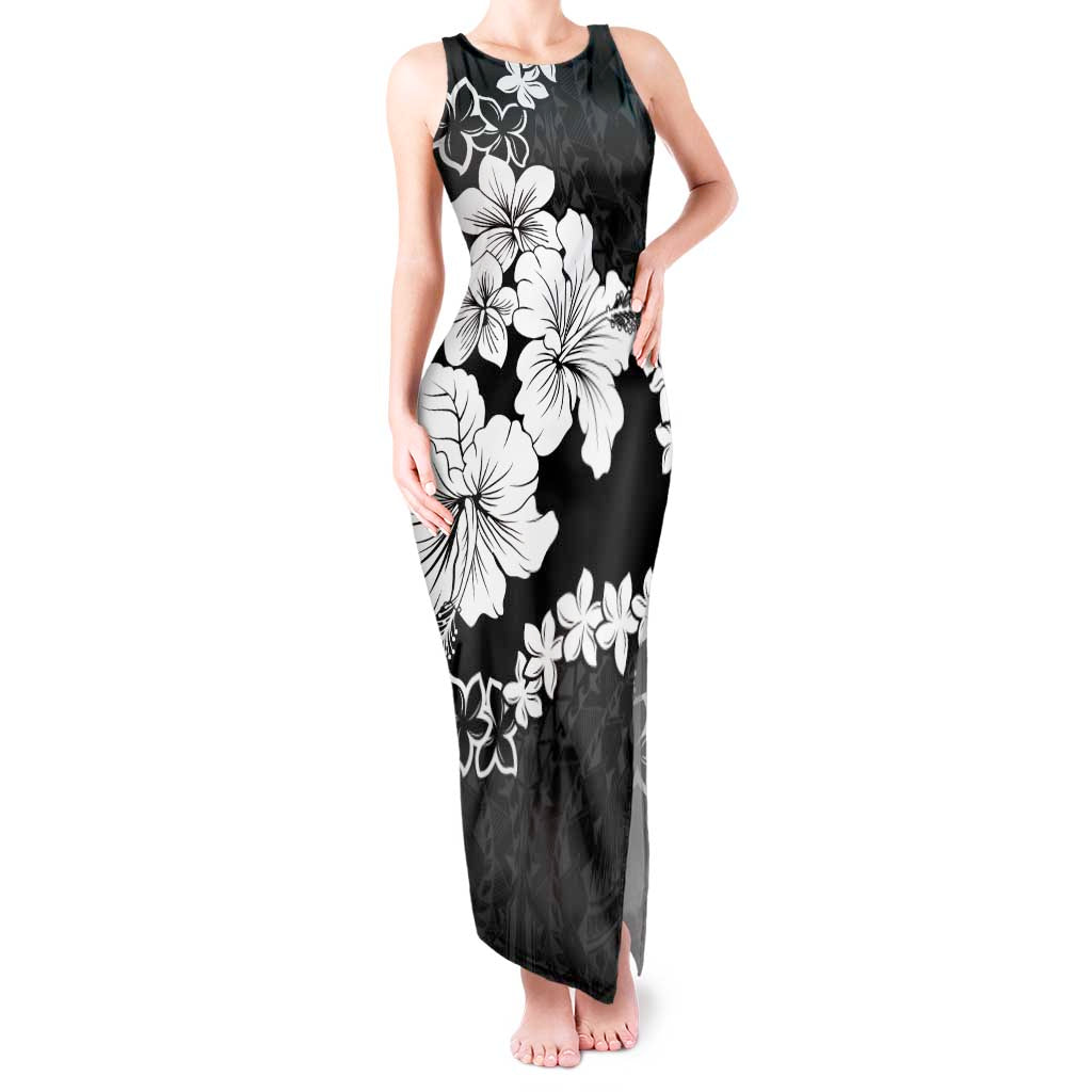 American Samoa Lotu Tamaiti Tank Maxi Dress White Sunday Plumeria Black Vibe LT9 Women Black - Polynesian Pride