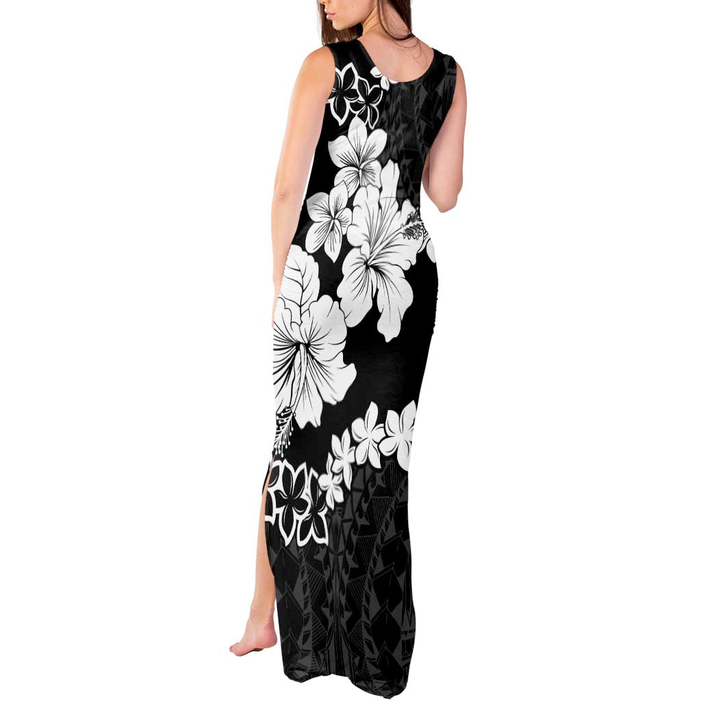 American Samoa Lotu Tamaiti Tank Maxi Dress White Sunday Plumeria Black Vibe LT9 - Polynesian Pride