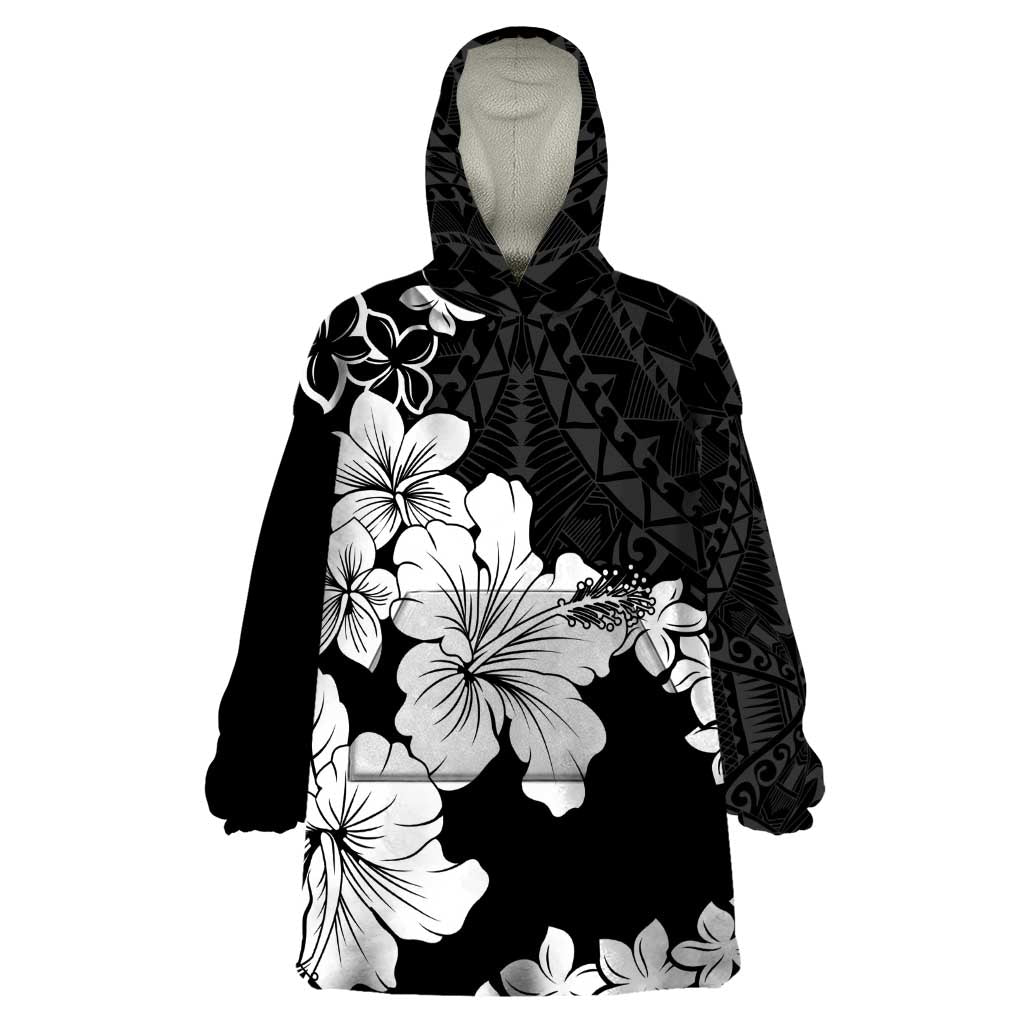 American Samoa Lotu Tamaiti Wearable Blanket Hoodie White Sunday Plumeria Black Vibe LT9 One Size Black - Polynesian Pride