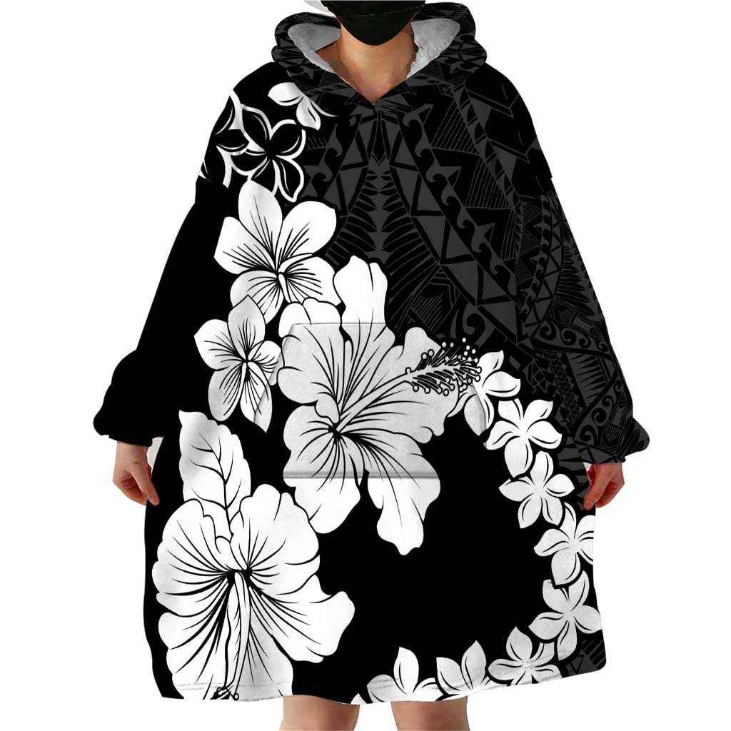 American Samoa Lotu Tamaiti Wearable Blanket Hoodie White Sunday Plumeria Black Vibe LT9 - Polynesian Pride