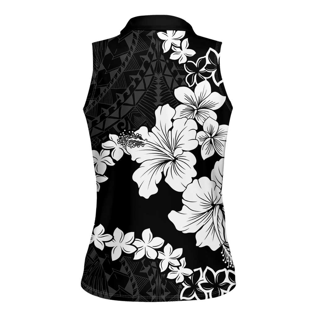 American Samoa Lotu Tamaiti Women Sleeveless Polo Shirt White Sunday Plumeria Black Vibe LT9 - Polynesian Pride