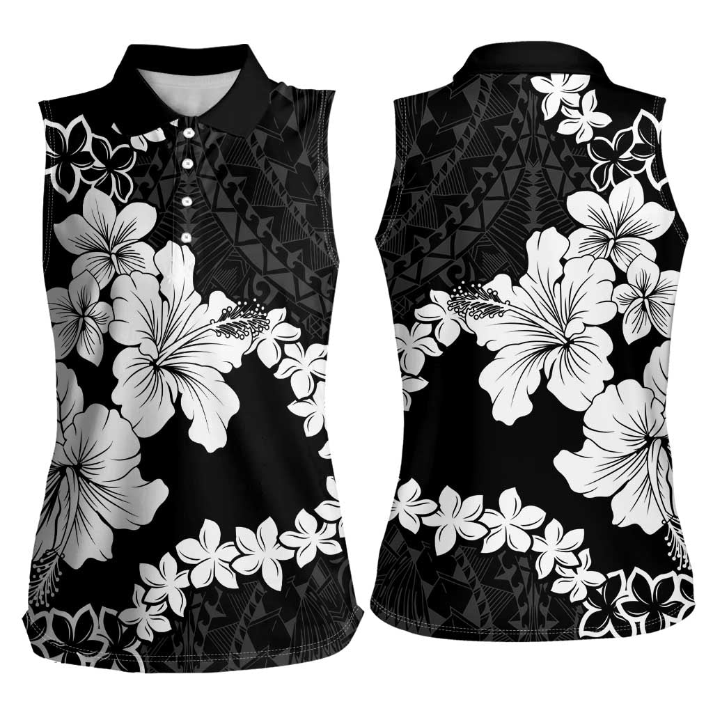 American Samoa Lotu Tamaiti Women Sleeveless Polo Shirt White Sunday Plumeria Black Vibe LT9 - Polynesian Pride