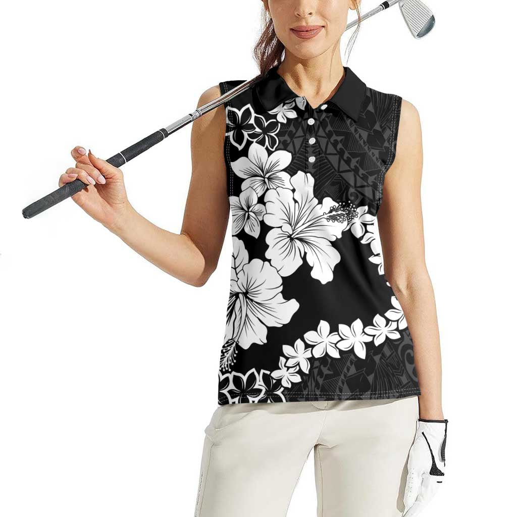 American Samoa Lotu Tamaiti Women Sleeveless Polo Shirt White Sunday Plumeria Black Vibe LT9 - Polynesian Pride