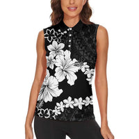 American Samoa Lotu Tamaiti Women Sleeveless Polo Shirt White Sunday Plumeria Black Vibe LT9 - Polynesian Pride