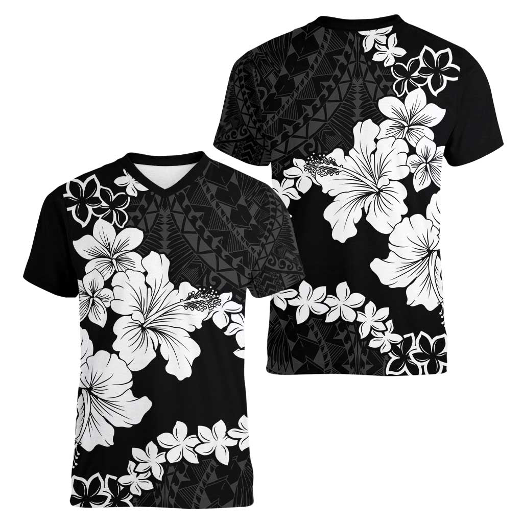 American Samoa Lotu Tamaiti Women V-Neck T-Shirt White Sunday Plumeria Black Vibe LT9 - Polynesian Pride