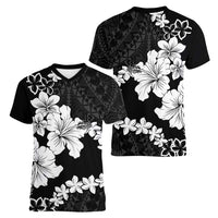 American Samoa Lotu Tamaiti Women V-Neck T-Shirt White Sunday Plumeria Black Vibe LT9 - Polynesian Pride