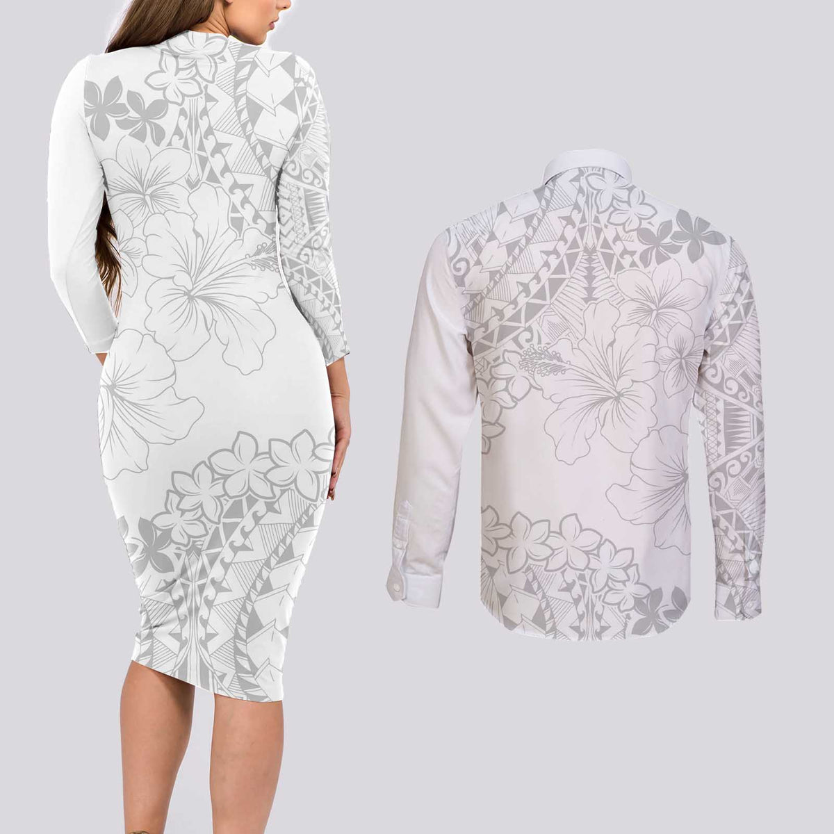 American Samoa Lotu Tamaiti Couples Matching Long Sleeve Bodycon Dress and Long Sleeve Button Shirt White Sunday Plumeria White Vibe LT9 - Polynesian Pride